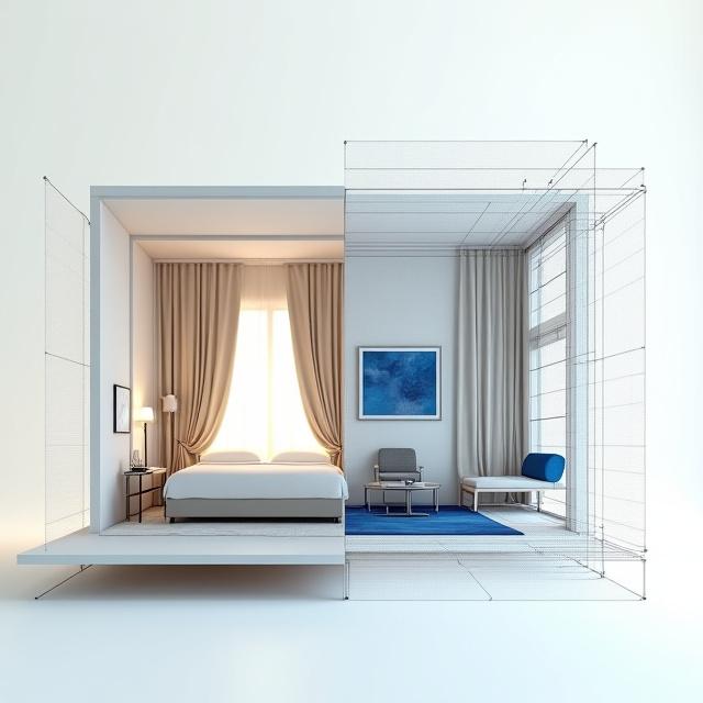 Blueprint analysis and spatial planning for a modern hotel suite
