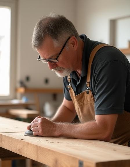 Skilled carpenter working on custom wood joinery for boutique hotel furniture